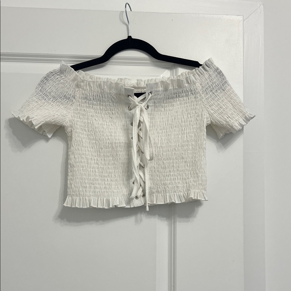 SHEIN White Lace-Up Smocked Crop Top